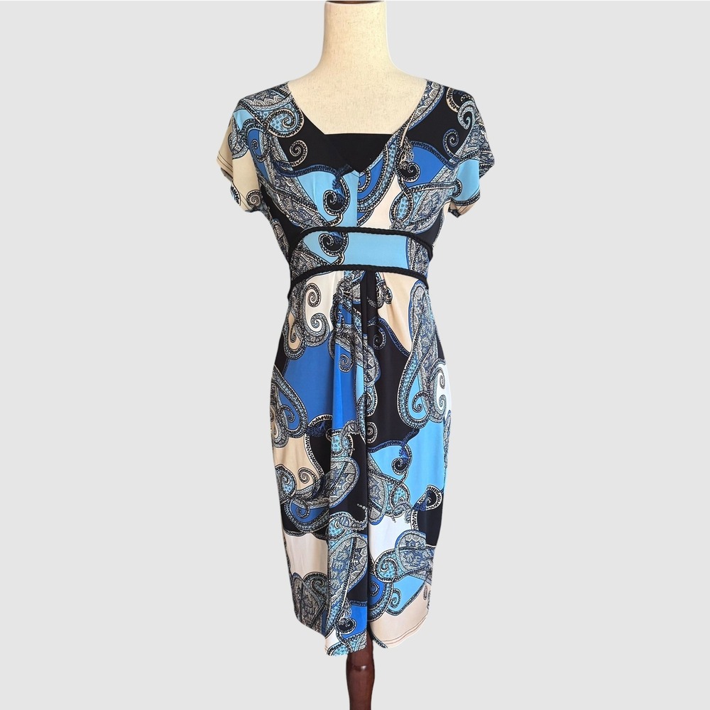 Y2K Boho Fairy Attention Blue Black Paisley Empire Waist babydoll Dress XS 4 6